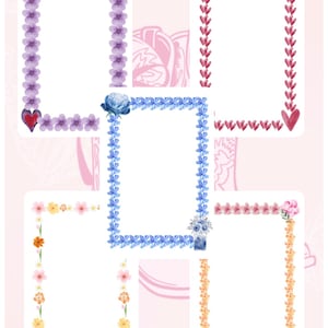 Puede incluir: Una colección de marcos estilo acuarela con diseños florales y de corazón. Los marcos presentan varios colores, incluyendo morado, rojo, azul, amarillo y rosa, sobre un fondo rosa claro. Ideal para papelería o arte digital.