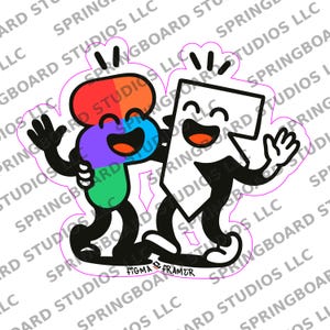 May include: A sticker featuring two cartoon characters with smiling faces and waving hands. One character is a colorful, rounded shape, and the other is a white, angular shape. The sticker has a pink outline and the text "FIGMA FRAMER".