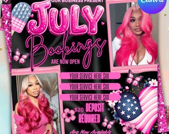 July Booking Flyer Template, Summer Appointments Open Canva Flyer, Hair Nail Lash Tech Book Now Instagram Marketing Design
