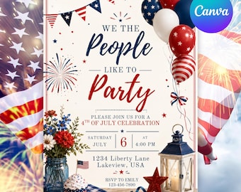 We The People Like To Party Invitation, 4th of July Party Invite, Patriotic Summer Party, Pool Party Template | Red, White & Blue Editable