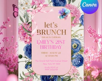 Let’s Brunch Invitation Template, Boho Wildflower Birthday Brunch Invite, Floral Girls Party Printable, Editable Ladies Lunch Invite