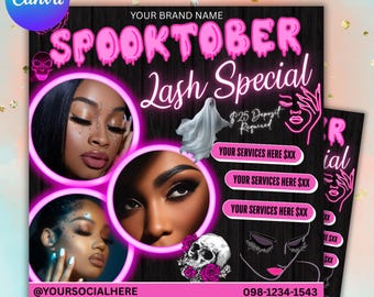 Peut inclure: Flyer promotionnel pour une offre spéciale de cils, avec le texte "Spooktober Lash Special". Le design comprend des images de femmes avec un maquillage des yeux spectaculaire, un fantôme, une tête de mort et des accents roses. Coordonnées fournies.