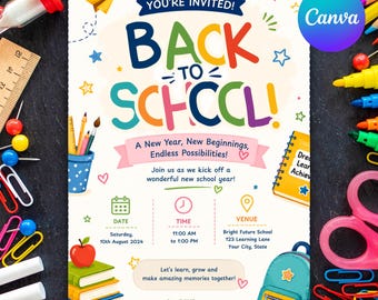 Back To School Bash Party Invitation, Back To School, Party Invitation, End of Summer Party, Editable School Event Invite, Canva Editable