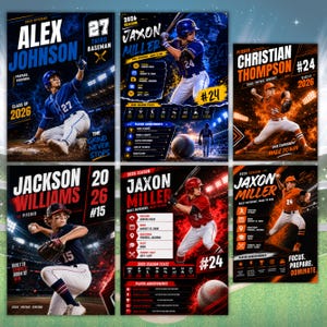 May include: A collection of six baseball player posters featuring athletes in action, including names like Alex Johnson, Jaxon Miller, and Christian Thompson. Each poster displays player stats, positions, jersey numbers, and motivational text.
