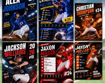 Baseball Trading Card Template Set, 6 Editable Double-Sided Player Cards, DIY Custom Sports Trading Card Front & Back, Instant Download