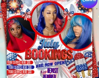 July Booking Flyer, July Bookings, 4th of July Booking Flyer, July Books Open, Appointment Flyer, Hair Nails Lashes Makeup, Book Now Flyer