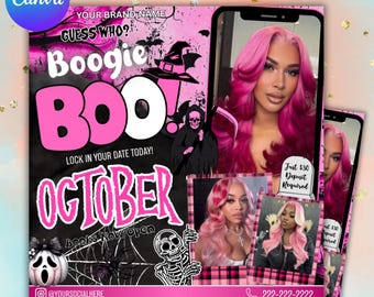 May include: A promotional flyer featuring a pink and black Halloween theme with the text "GUESS WHO? Boogie BOO!" and "OCTOBER". It includes images of a person with bright pink hair, a skeleton, a spider web, and a grim reaper illustration.