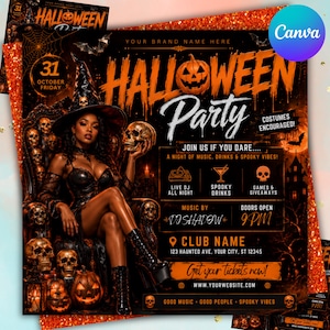 Puede incluir: Un folleto de fiesta de Halloween con una persona disfrazada de bruja sentada en un trono adornado con calaveras. El diseño incluye texto naranja HALLOWEEN PARTY, una calabaza, murciélagos y detalles del evento como 9PM y DJ.