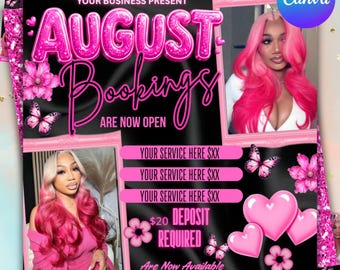 August Booking Flyer Template, DIY Lash Hair Appointment Flyer, Beauty Business Canva Template, 1080x1080 Social Media Flyer