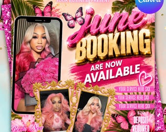 June Booking Flyer, Monthly Bookings, Summer Booking Flyer, June Books Open, Hair Nails Lash Makeup, Canva Template, Editable