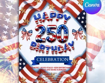 America 250 Party Invite, 4th of July Invitation, Patriotic BBQ, 250 Years of Freedom Celebration, Editable Canva Template