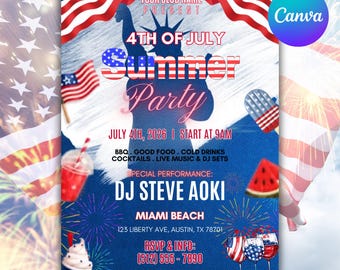 4th of July Invitation Template, USA Independence Day Invitation, Summer Party Invitation, Editable Canva BBQ Invite