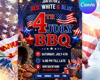 4th Of July Invitation | Independence Day Party Invite | Party In USA Invite | Food Friends and Firework | Canva Template, Instant Download.