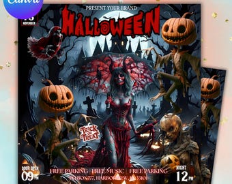 May include: A Halloween-themed flyer with a dark, spooky illustration. The design features a woman with horns, scarecrows with pumpkin heads, and the word "Halloween" in bold red letters. The flyer includes the text "Trick or Treat" and event details.