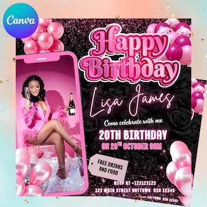 May include: Pink birthday invitation with the text "Happy Birthday Lisa James". The invitation includes a photo of a person holding a champagne glass and bottle. The invitation also includes the text "Come celebrate with me 20th Birthday on 28th October 9am".