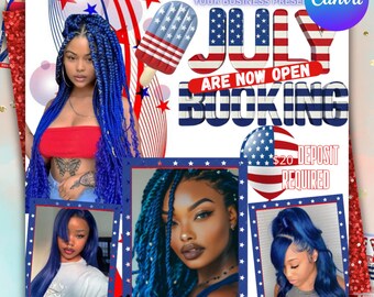 July Booking Flyer, 4th of July, Hair, Lashes, Nails, Makeup, Canva Template, Digital Download