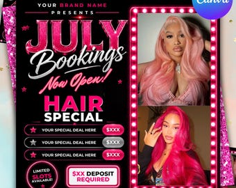 Luxury July Booking Flyer Canva Template | Editable Beauty Appointment Flyer for Hair, Lashes, Nails, Makeup & Wig Services