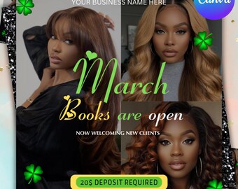 March Booking Flyer, St Patricks Day Booking Flyer, Holiday Deals Flyer, Makeup, Hair, Lashes, Nails, DIY Canva Template, Digital download