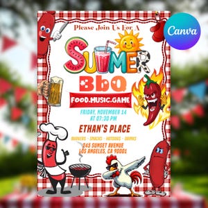 Puede incluir: Un folleto colorido para un evento de barbacoa de verano. El diseño presenta ilustraciones de dibujos animados de alimentos como una sandía, un vaso de jugo y un perrito caliente. El folleto incluye el texto "Summer BBQ" y los detalles del evento.