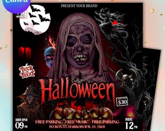 May include: Halloween event flyer with a zombie illustration, bats, and pumpkins. The flyer includes the text "Halloween", "Trick or Treat", and event details such as time, location, and ticket price.