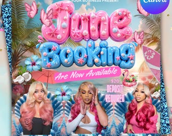 June Booking Flyer, Template Summer Beauty Flyer, Canva Editable Hair, Nails Lashes Makeup, June Books Open, DIY text, instant download