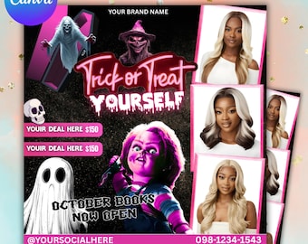 May include: A promotional flyer featuring Halloween graphics including a ghost, a skull, a coffin, and a doll holding a knife. The text reads Trick or Treat YOURSELF and OCTOBER BOOKS NOW OPEN. Three photographs of individuals with blonde hair are displayed.