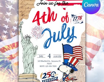 250th America Anniversary Invitation, USA Patriotic 4th of July Party Invite, Independence Day Invitation, Editable Canva Template