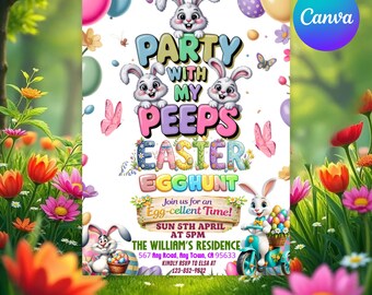 Easter egg Hunt Invitation, Party with my Peeps, Easter Bunny Invite, Gold Easter Egg, Easter Party Invite, Instant Download, Editable Canva