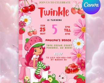 Strawberry Shortcake Birthday Invitation: Editable Canva Template (Digital Download)