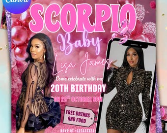 Scorpio Birthday Flyer, Birthday Girl, Happy Birthday Flyer, Scorpio Season, Scorpio Party Flyer, Celebration Flyer, Canva Editable