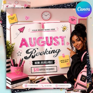 August Booking Flyer Template, Books Now Open, August Availability Editable Canva Template (Digital Download), Canva Social Media Post