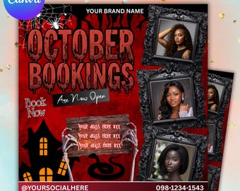 May include: A Halloween-themed promotional graphic with a red background and the text "OCTOBER BOOKINGS" in dripping letters. The graphic includes framed portraits, a haunted house silhouette, and a wooden sign held by skeleton hands. The Canva logo is in the upper left corner.