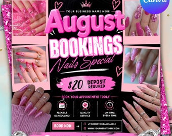 August Nails Special Flyer, August Books Open Flyer, August Hair Booking Flyer, Wig Install Booking Flyer, Canva Editable (Digital Download)
