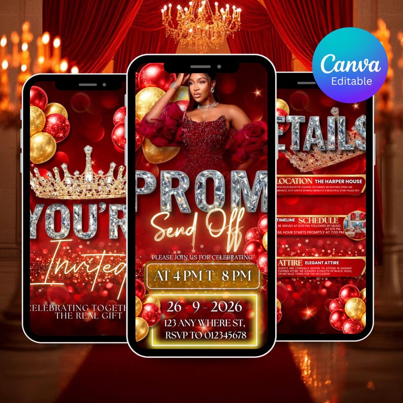 Digital Prom Send off Invitation, Red Glam Prom Party Invite, Animated ...