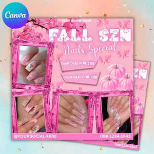 May include: Pink flyer with the text "FALL SZN Nails Special" and images of manicured nails. The flyer includes pink pumpkins and the phone number 098-1234-1543. The Canva logo is in the upper left corner.