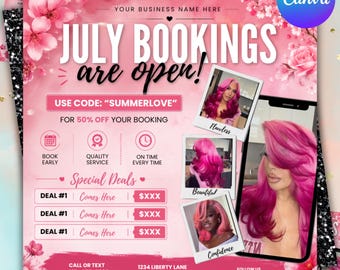 July Booking Flyer Template, Summer Beauty Social Media Post (Digital Download)