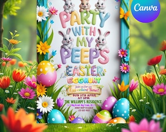 Easter Egg Hunt Invitation, Easter Bunny Invitation, My Peeps Hop On Over Spring Easter Bunny Invites, Easter Party, Editable Canva Template