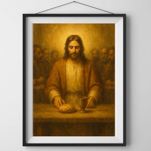 May include: Framed religious artwork depicting a central figure with long hair and a beard, wearing a brown robe. He is seated at a table with a loaf of bread and a chalice, surrounded by other figures. The painting has a warm, golden color palette.