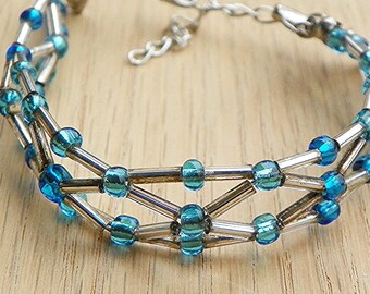 Beaded Bracelet adjustable bracelet woven bracelet silver bracelet aqua bracelet expandable bracelet handcrafted bracelet handmade bracelet