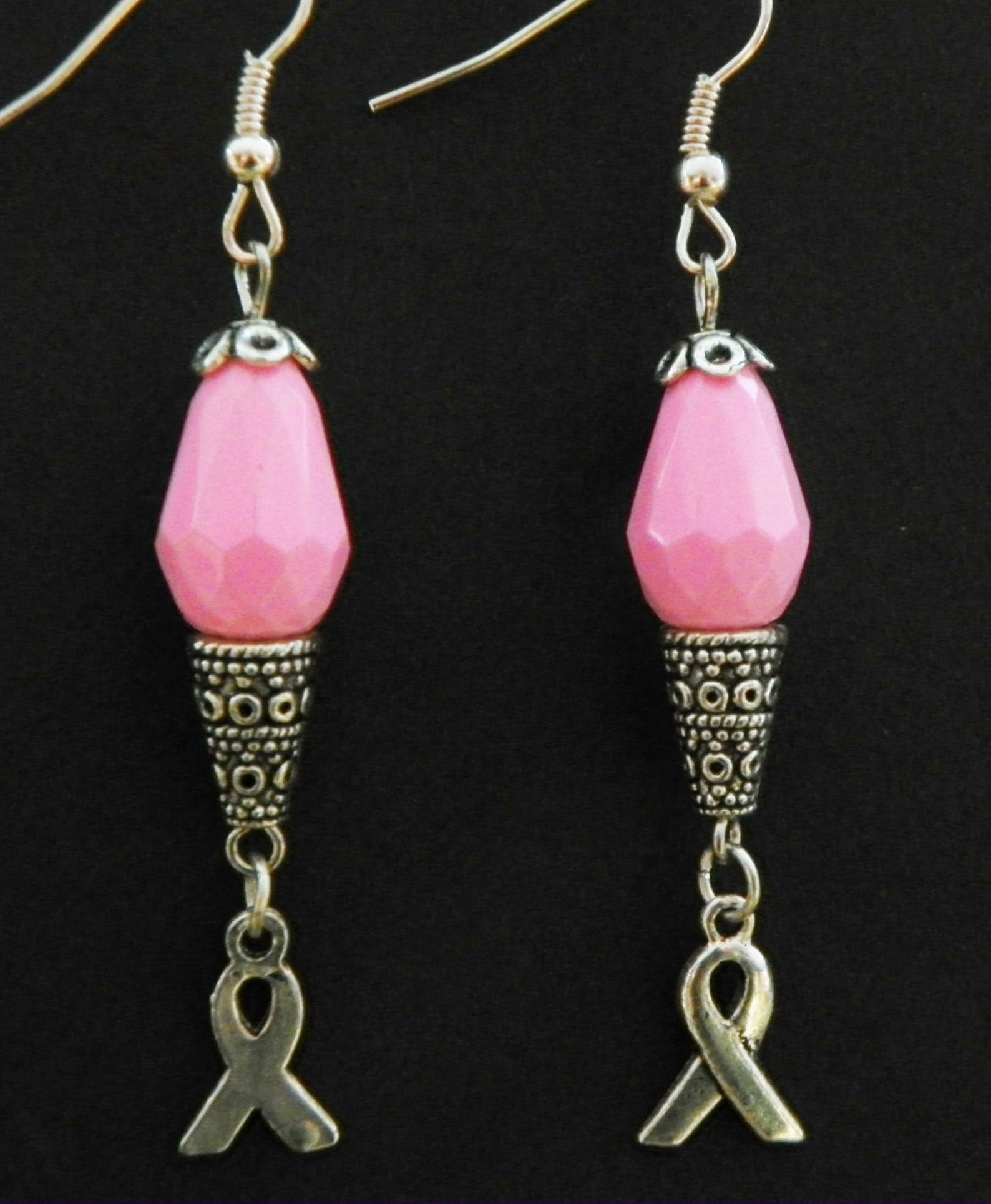 Breast Cancer Awareness Earrings – Pink Crystal Heart Hanging Earrings, Sterling Silver Plated, Gift Ready