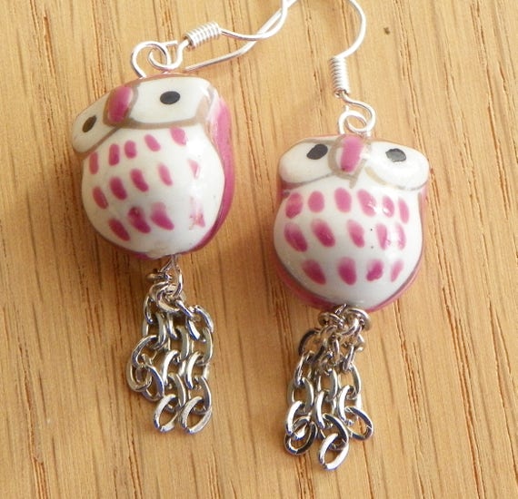 Owl Earrings Pink Owl Earrings Animal Earrings Bird Earrings Drop Earrings  Dangle Earrings Colorful Earrings Womens Earrings Teen Earrings 