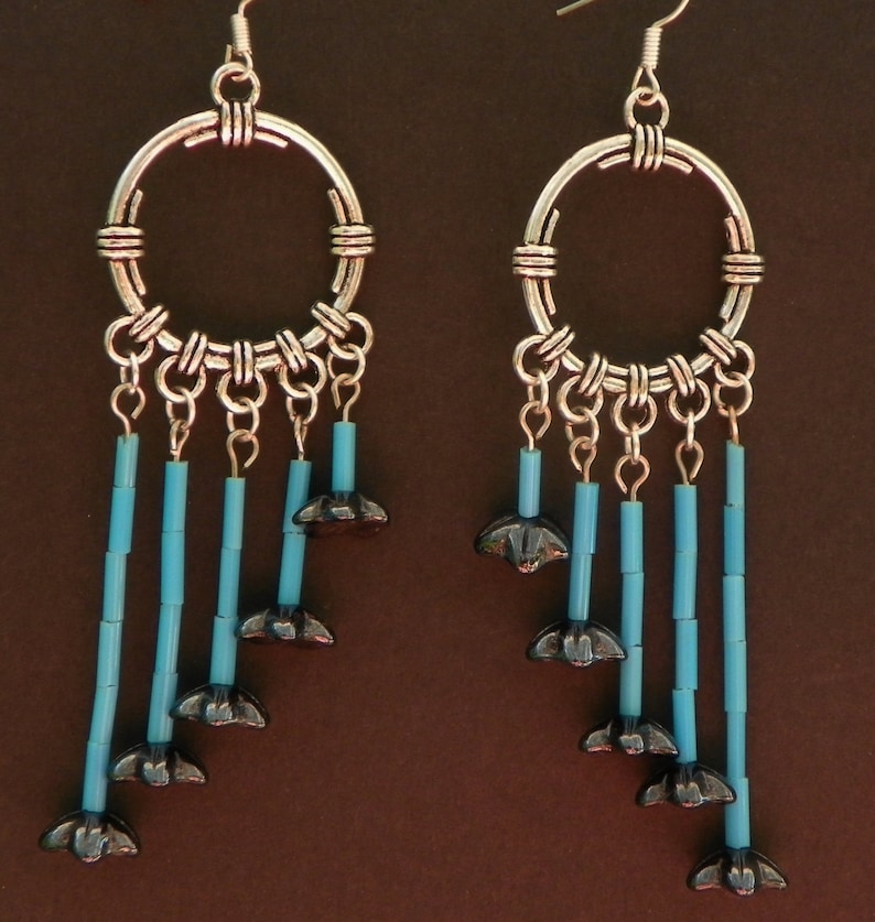 Turquoise earrings flower earrings chandelier earrings hematite earrings 3 inch long earrings boho earrings cascading earrings silver earrin