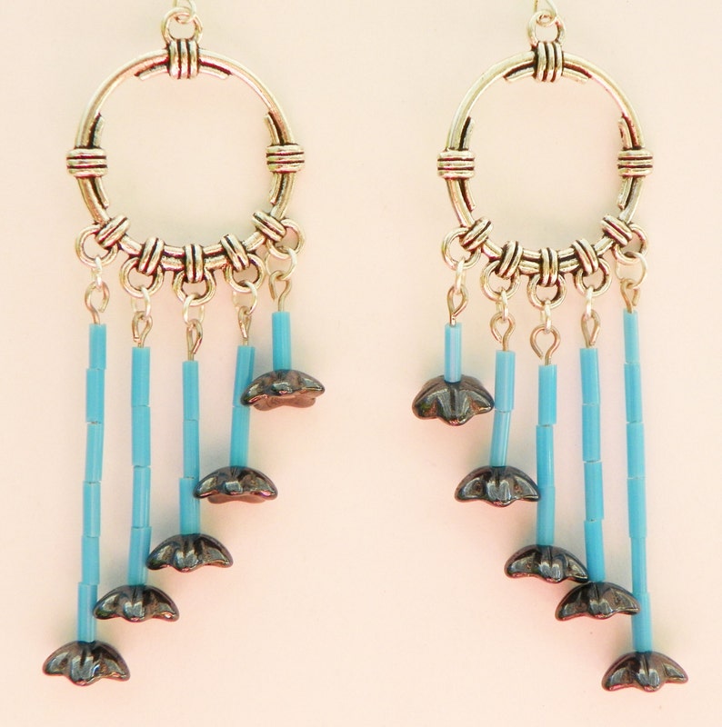 Turquoise earrings flower earrings chandelier earrings hematite earrings 3 inch long earrings boho earrings cascading earrings silver earrin