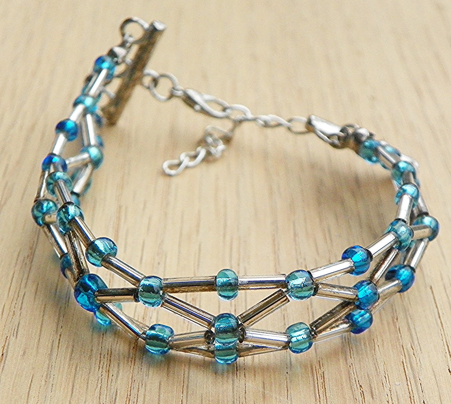 Beaded Bracelet Adjustable Bracelet Woven Bracelet Silver Bracelet Aqua