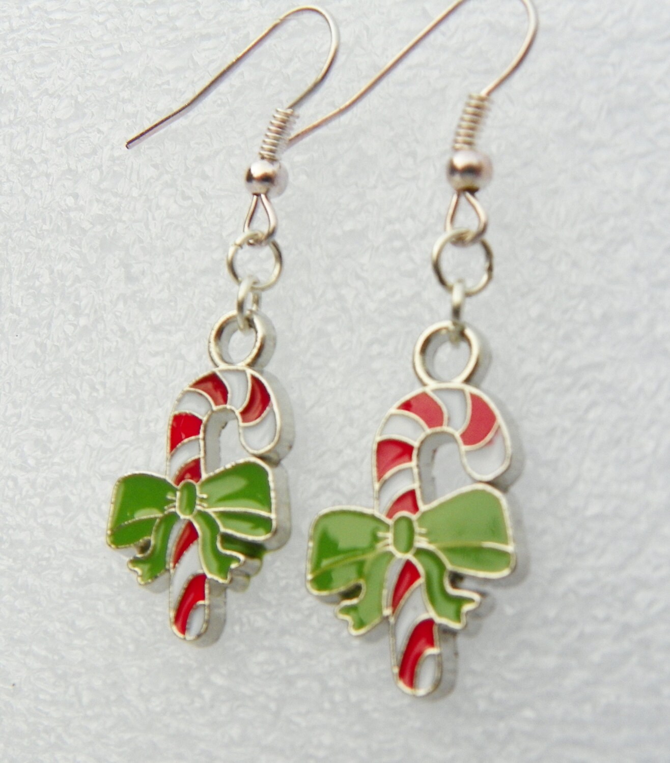 Candy Cane Earrings Traditional Candy Cane Earrings With a Green Bow