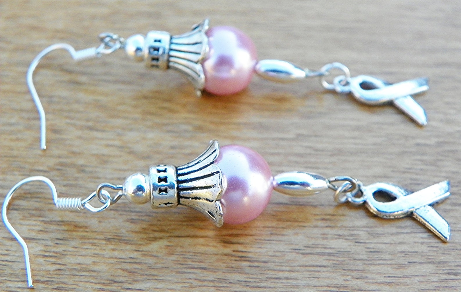 Breast Cancer Earrings Ribbon Earrings Pink Earrings Pearl Earrings
