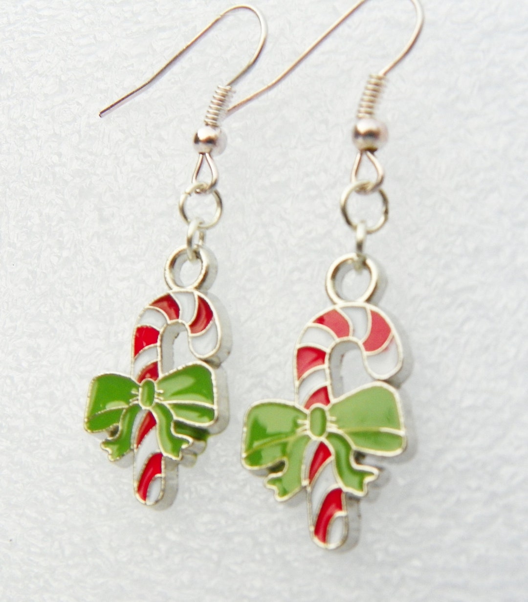 Candy Cane Earrings Traditional Candy Cane Earrings With a Green Bow
