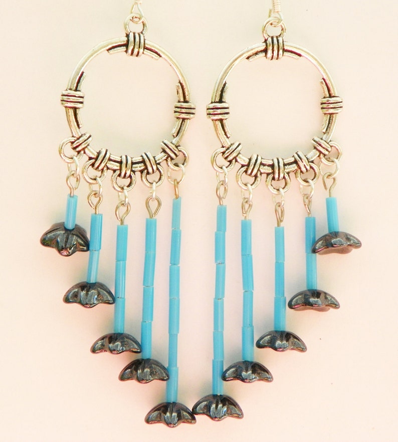 Turquoise earrings flower earrings chandelier earrings hematite earrings 3 inch long earrings boho earrings cascading earrings silver earrin
