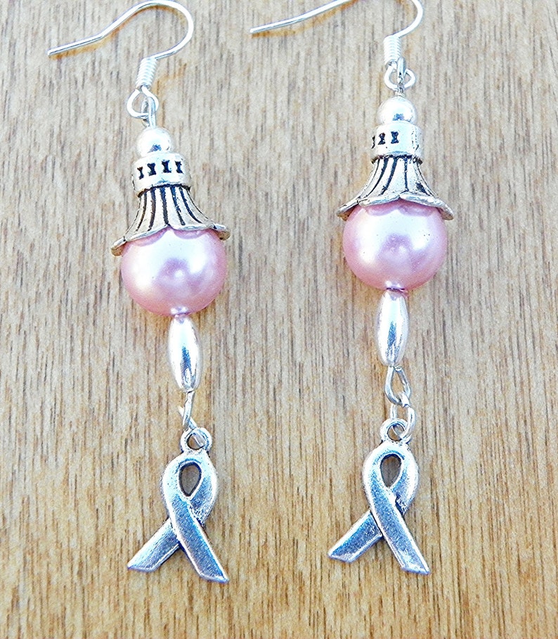 Breast Cancer Earrings Ribbon Earrings Pink Earrings Pearl Earrings