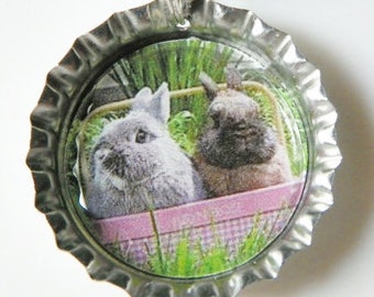 Two Bunnies Easter Pendant Easter jewelry Easter necklace 2 bunnies in a basket Easter pendant Easter Rabbit necklace Easter Rabbit pendant